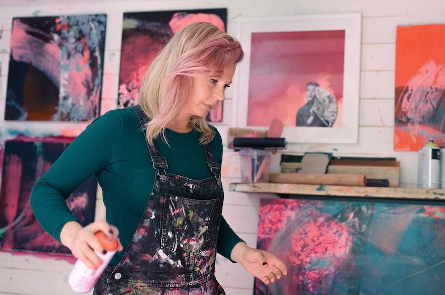 Amy Gardner, multi media Artist and Founder of Aunt Joy Gallery, in her studio.